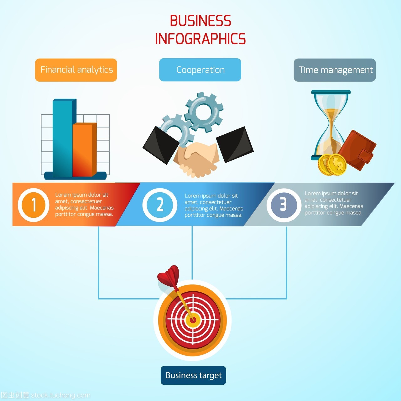 商业信息图形集与财务分析合作时间管理符号矢量图